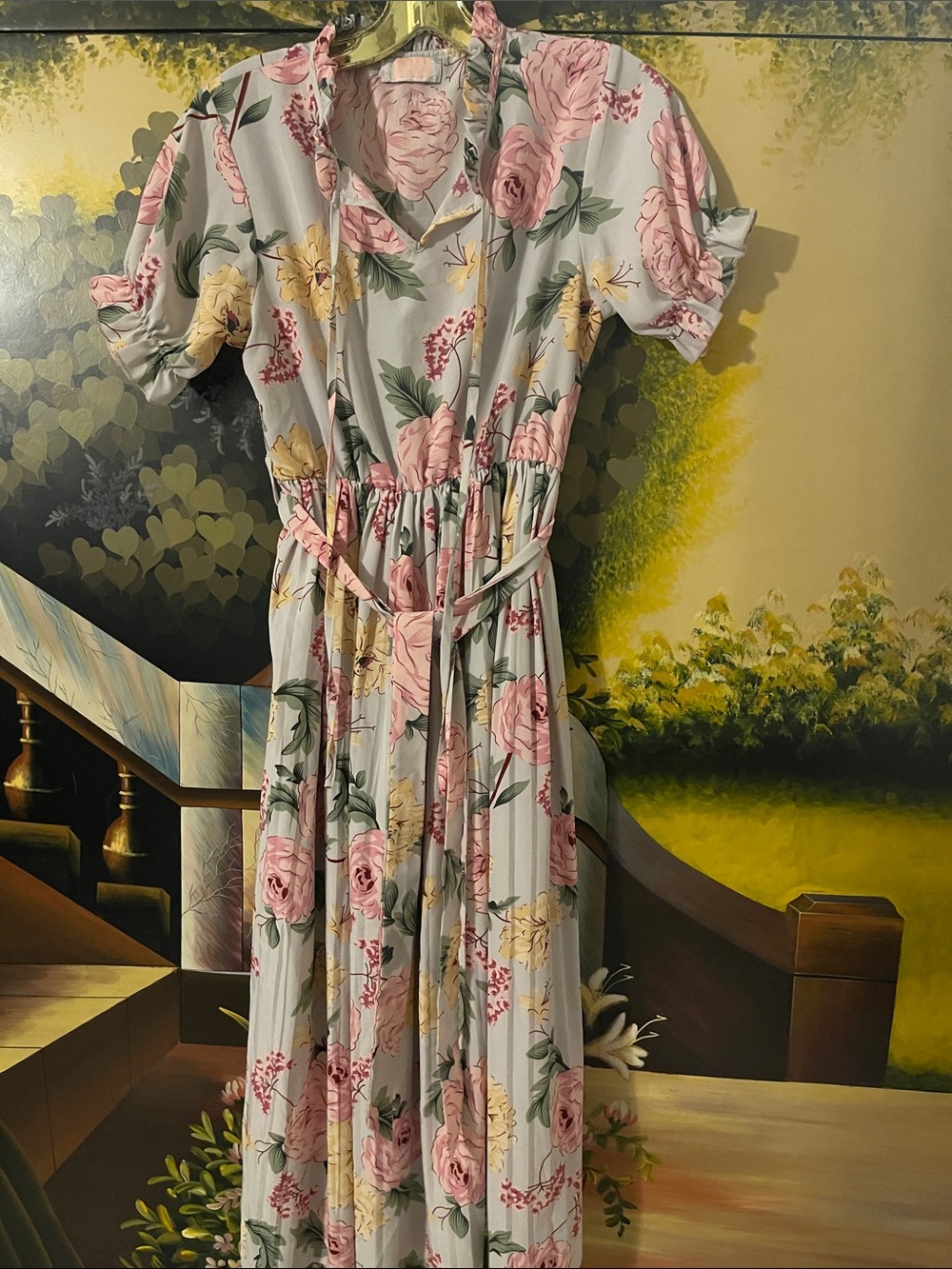 Floral Ruffle Tie-Waist Maxi Dress in Pastel Pink & Yellow